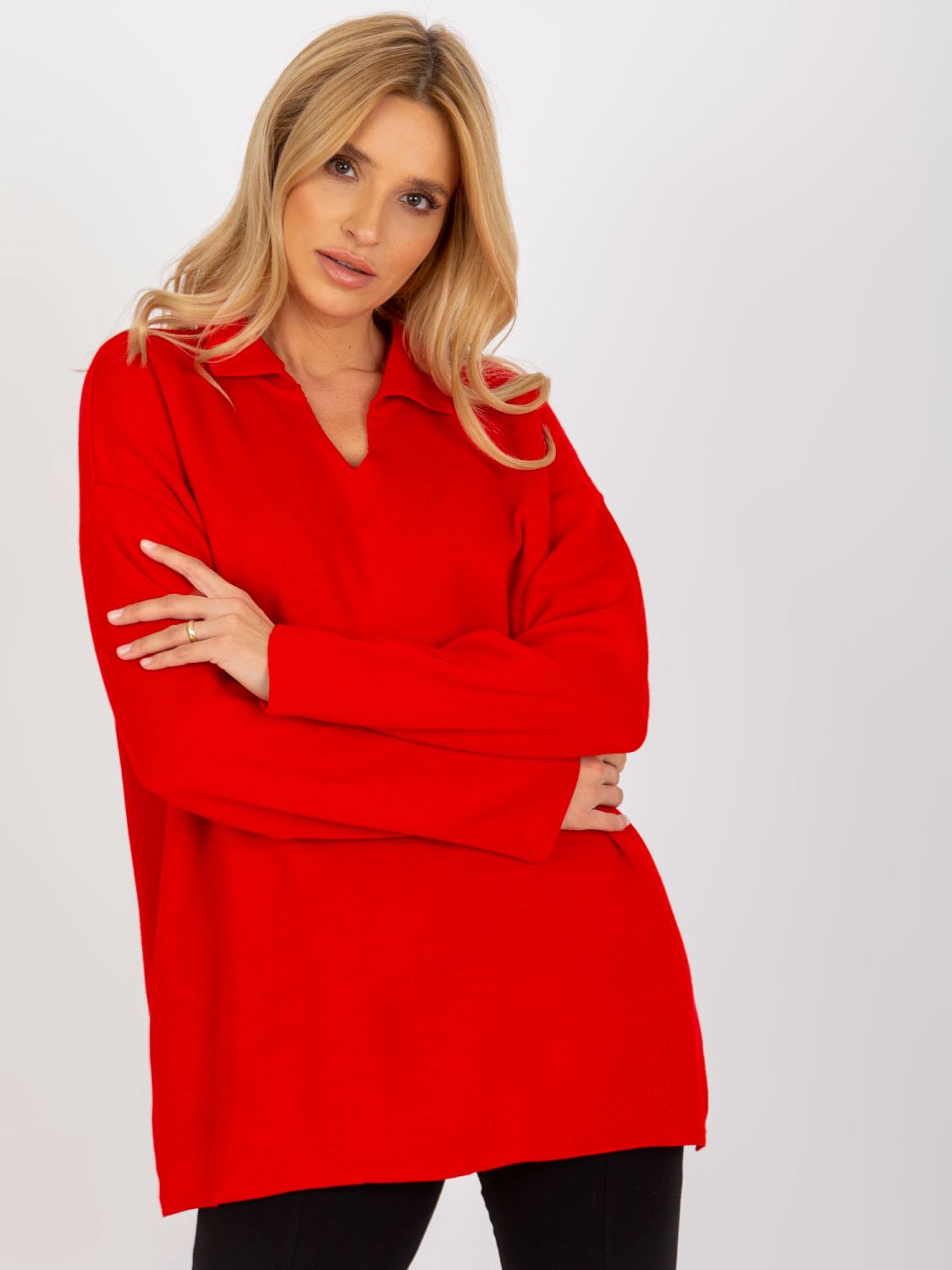 Red Long Oversize Sweater with Collar RUE PARIS