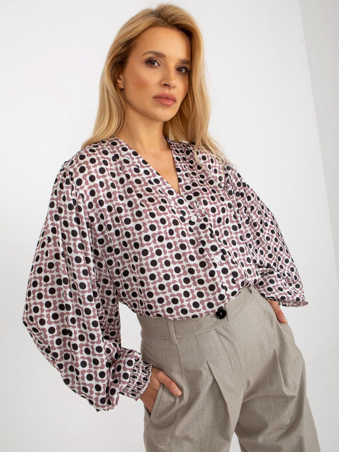 Ecru-Pink Printed Shirt with Wide Sleeves