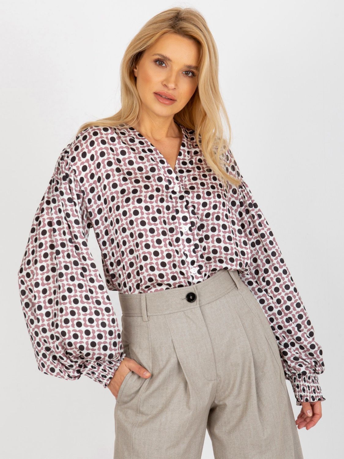 Ecru-Pink Printed Shirt with Wide Sleeves