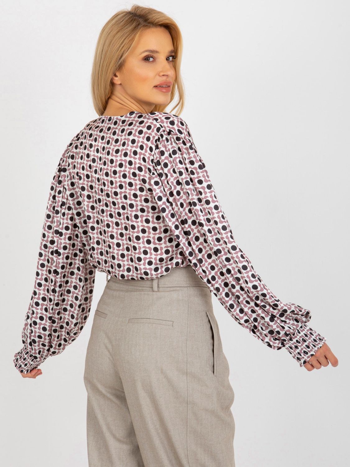 Ecru-Pink Printed Shirt with Wide Sleeves