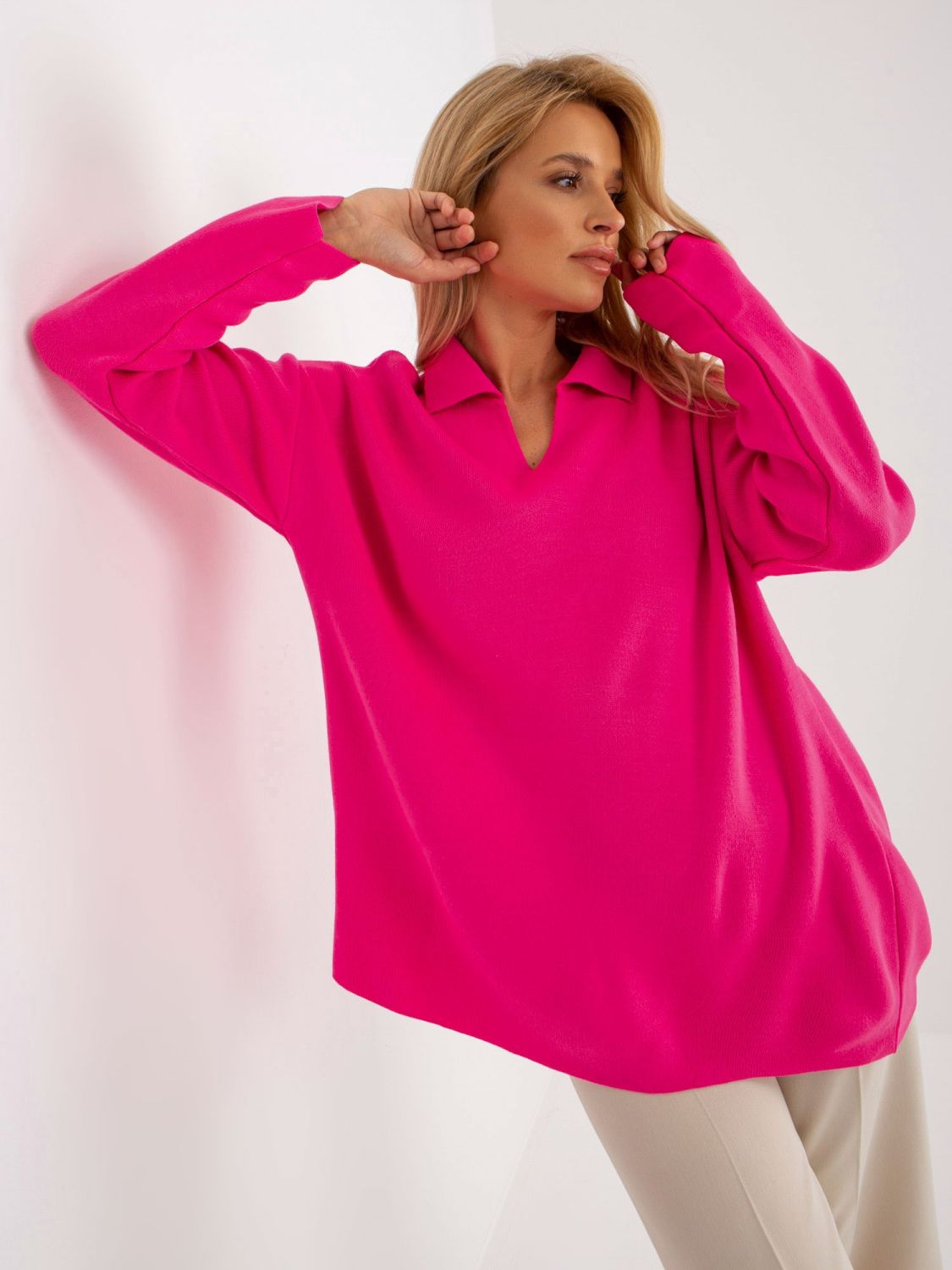 Fluo Pink Women's Oversize Sweater with Collar RUE PARIS