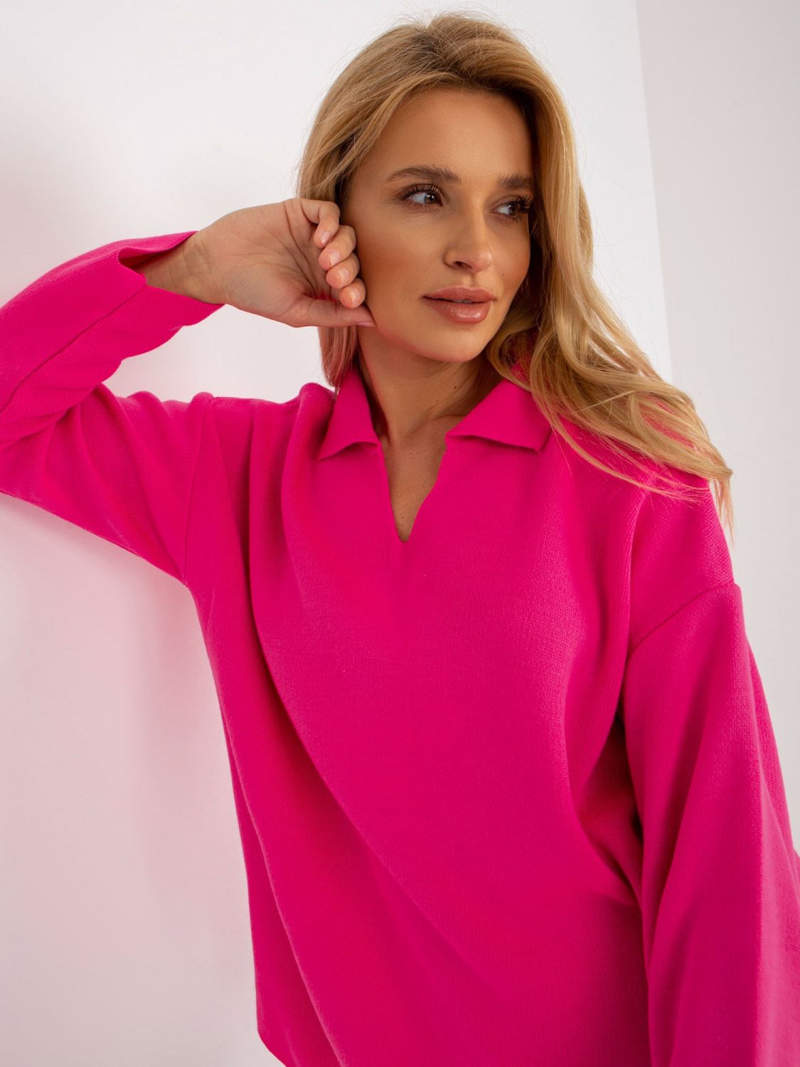 Fluo Pink Women's Oversize Sweater with Collar RUE PARIS