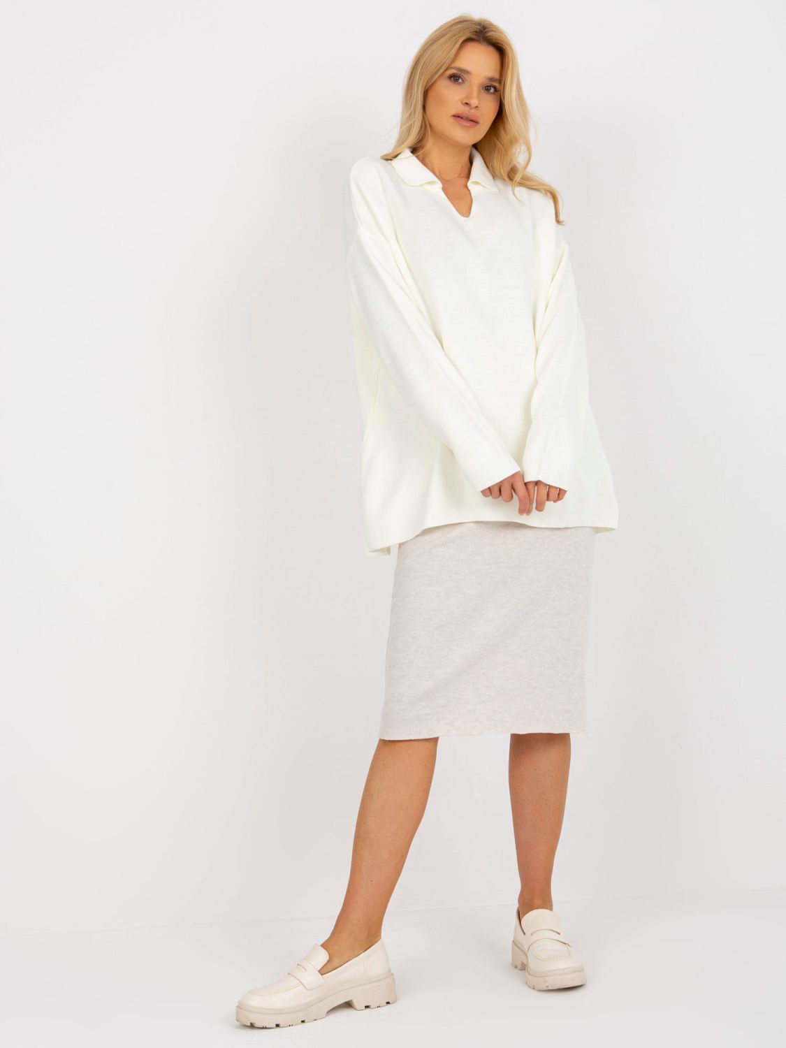 Ecru Long Oversize Sweater with Collar RUE PARIS
