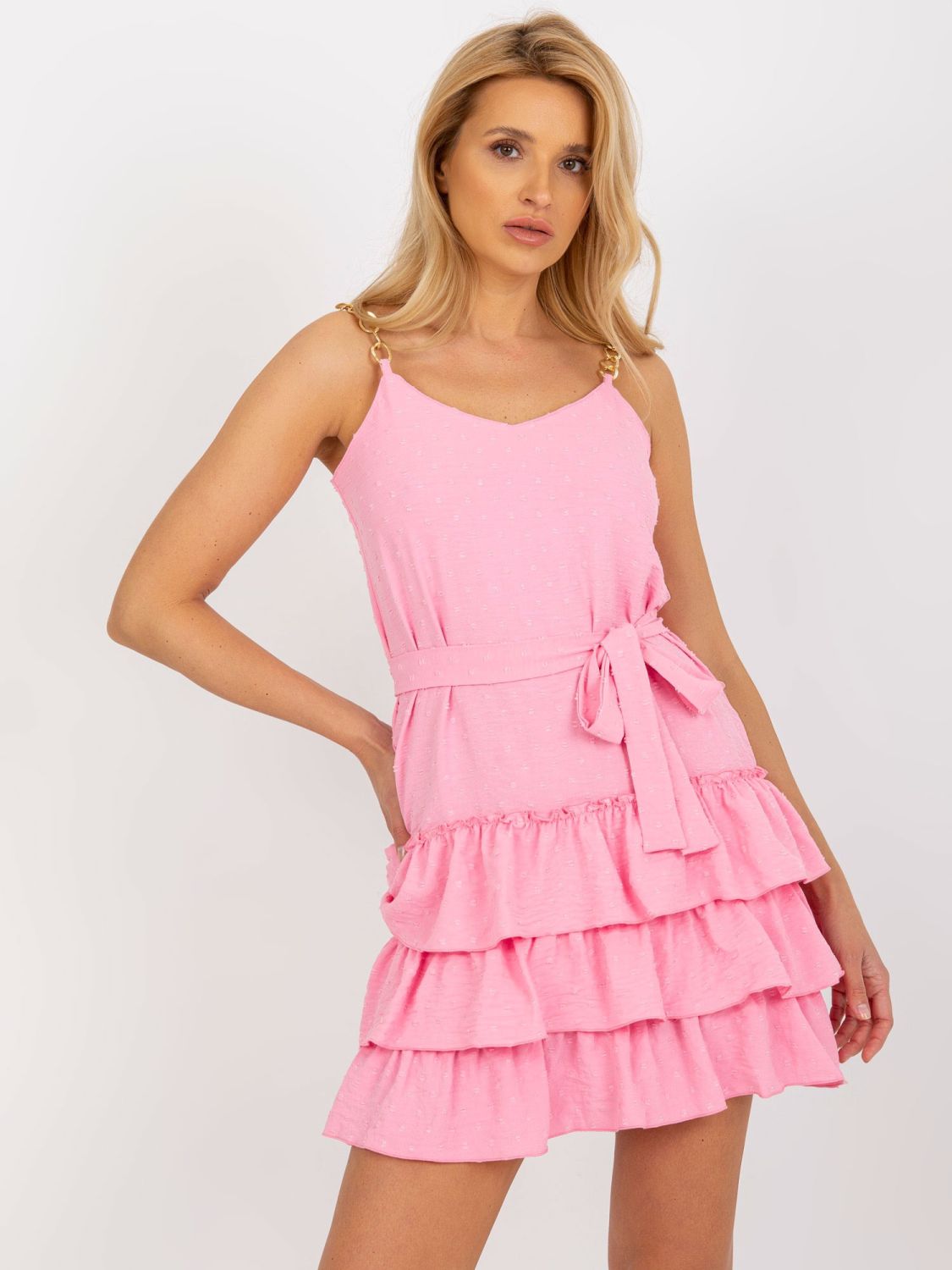 Pink Mini Dress with Ruffles and Chains