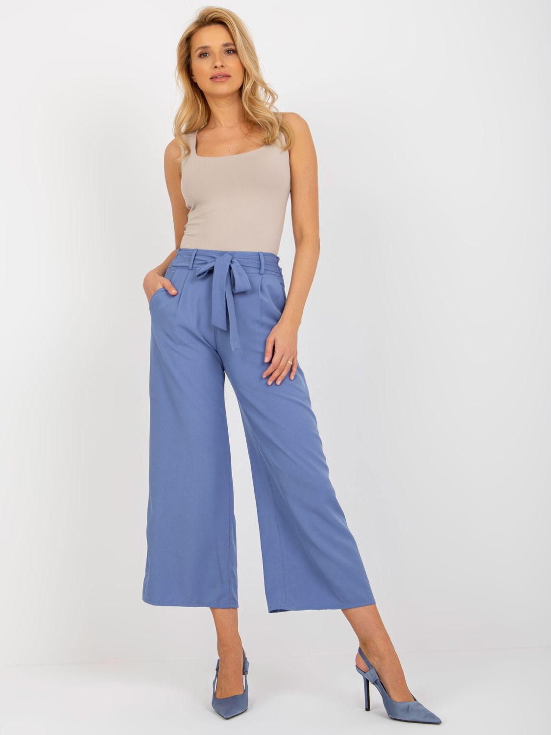 Dark Blue Material Culottes with Ties