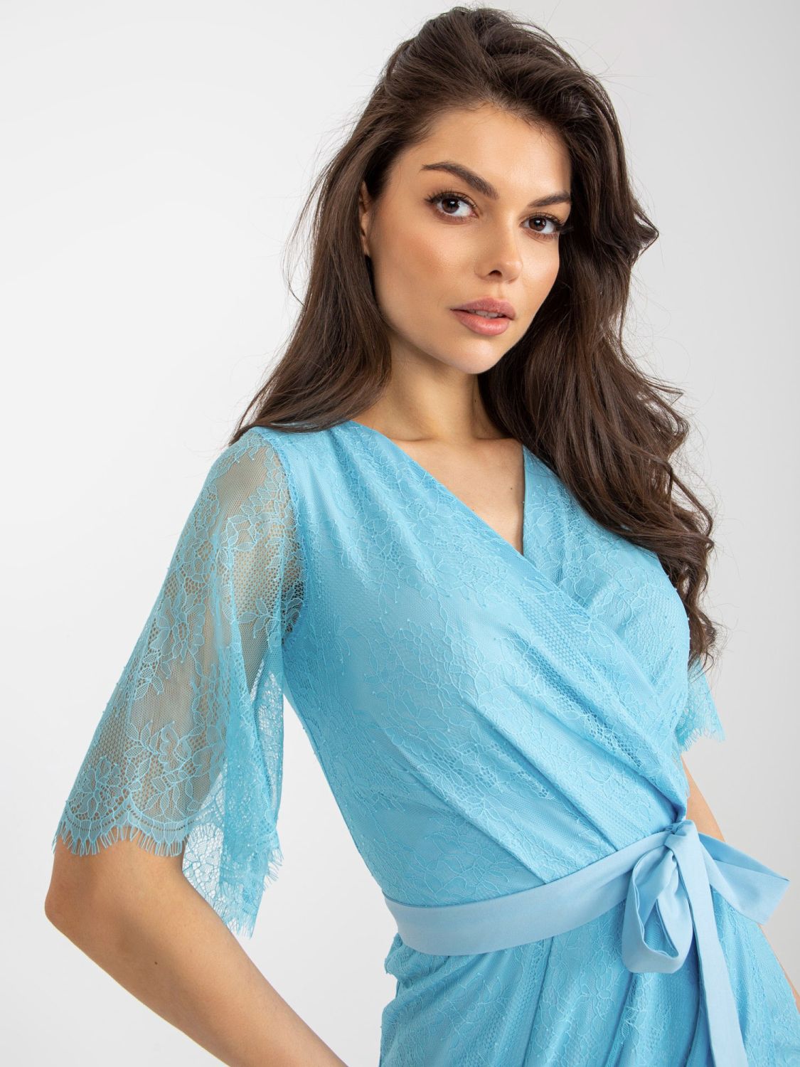 Light Blue Lace Cocktail Dress with Belt