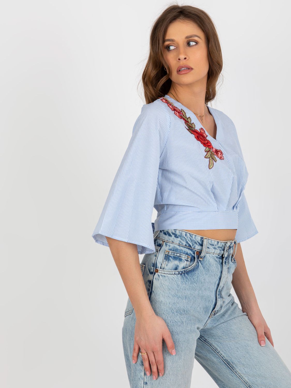 Light Blue-White Elegant Short Blouse with Stripes