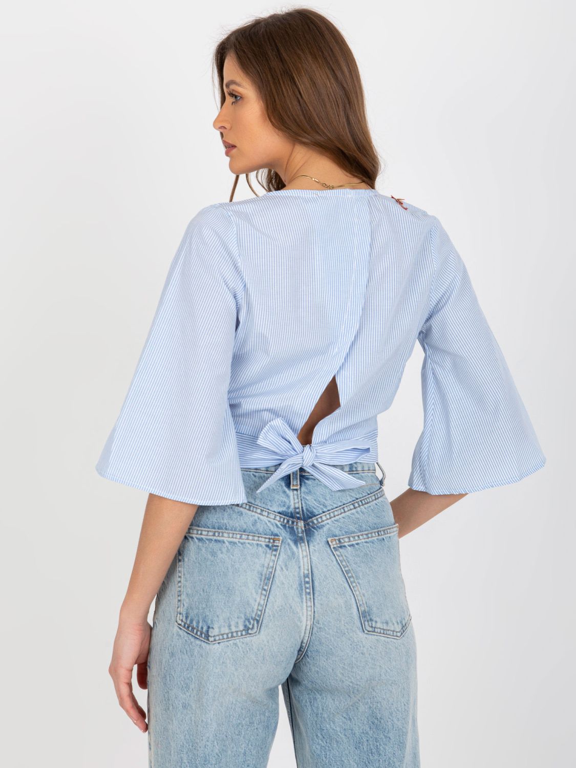 Light Blue-White Elegant Short Blouse with Stripes