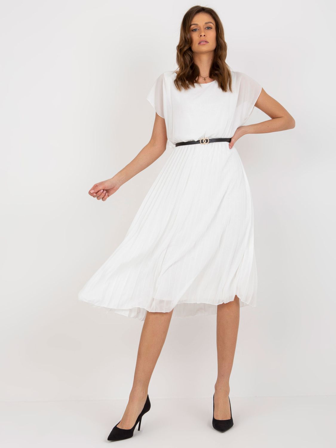 Ecru Pleated Dress with Short Sleeves
