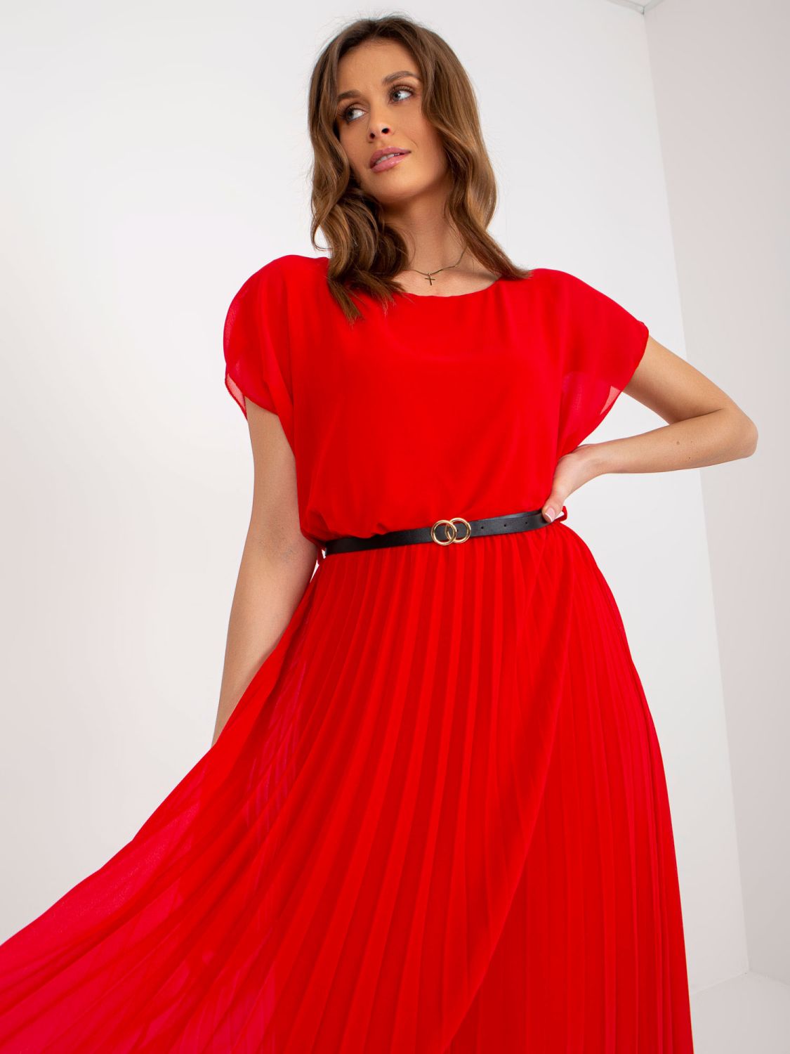 Red Midi Pleated Dress with Belt