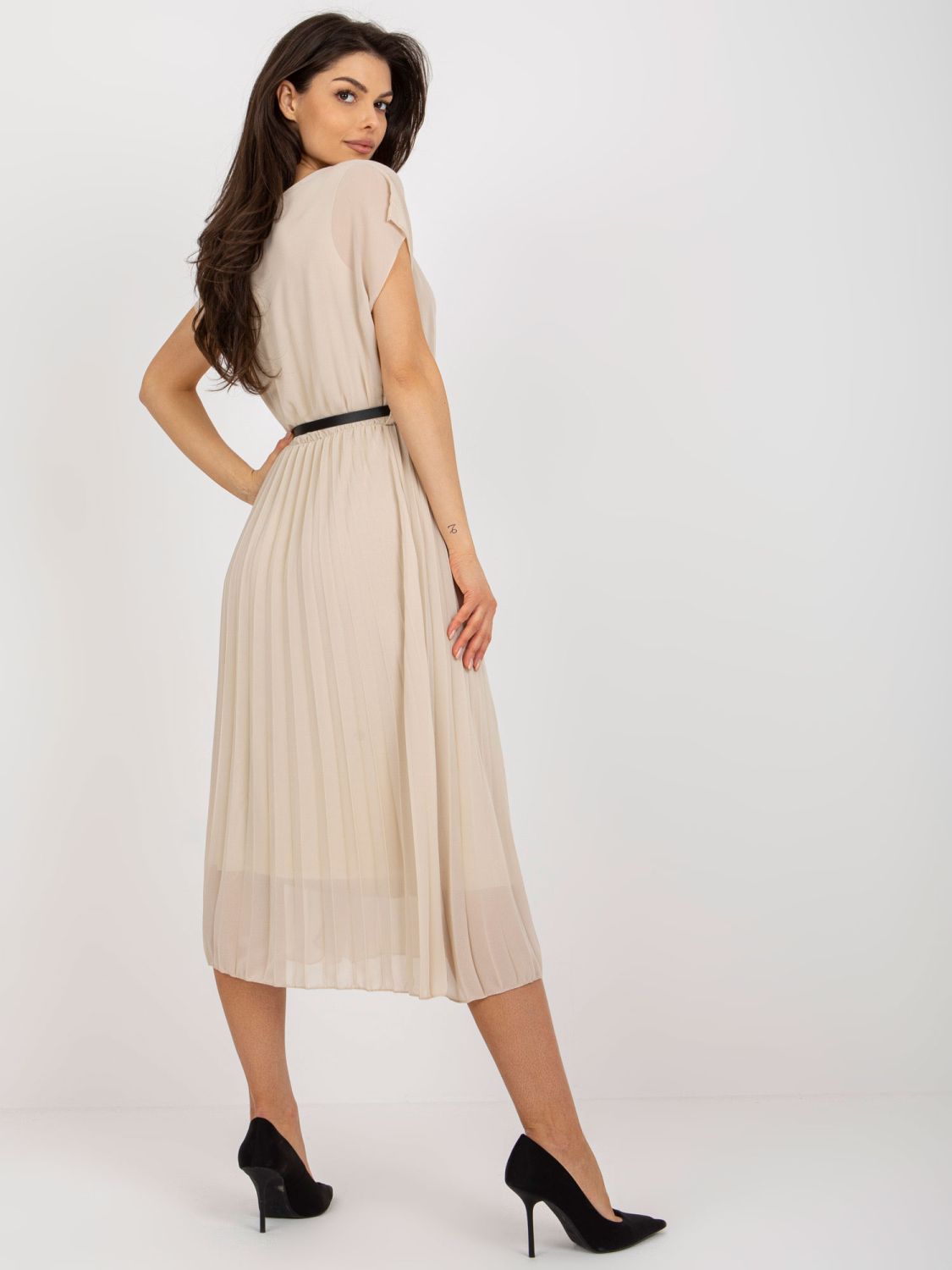 Beige Midi Dress with Flared Cut and Pleats