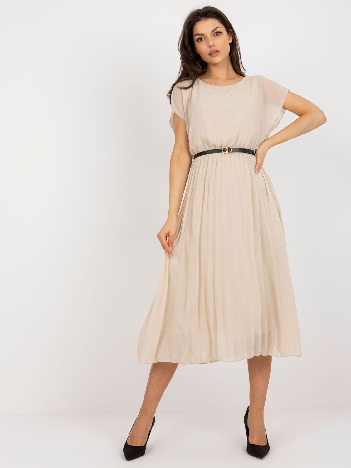Beige Midi Dress with Flared Cut and Pleats