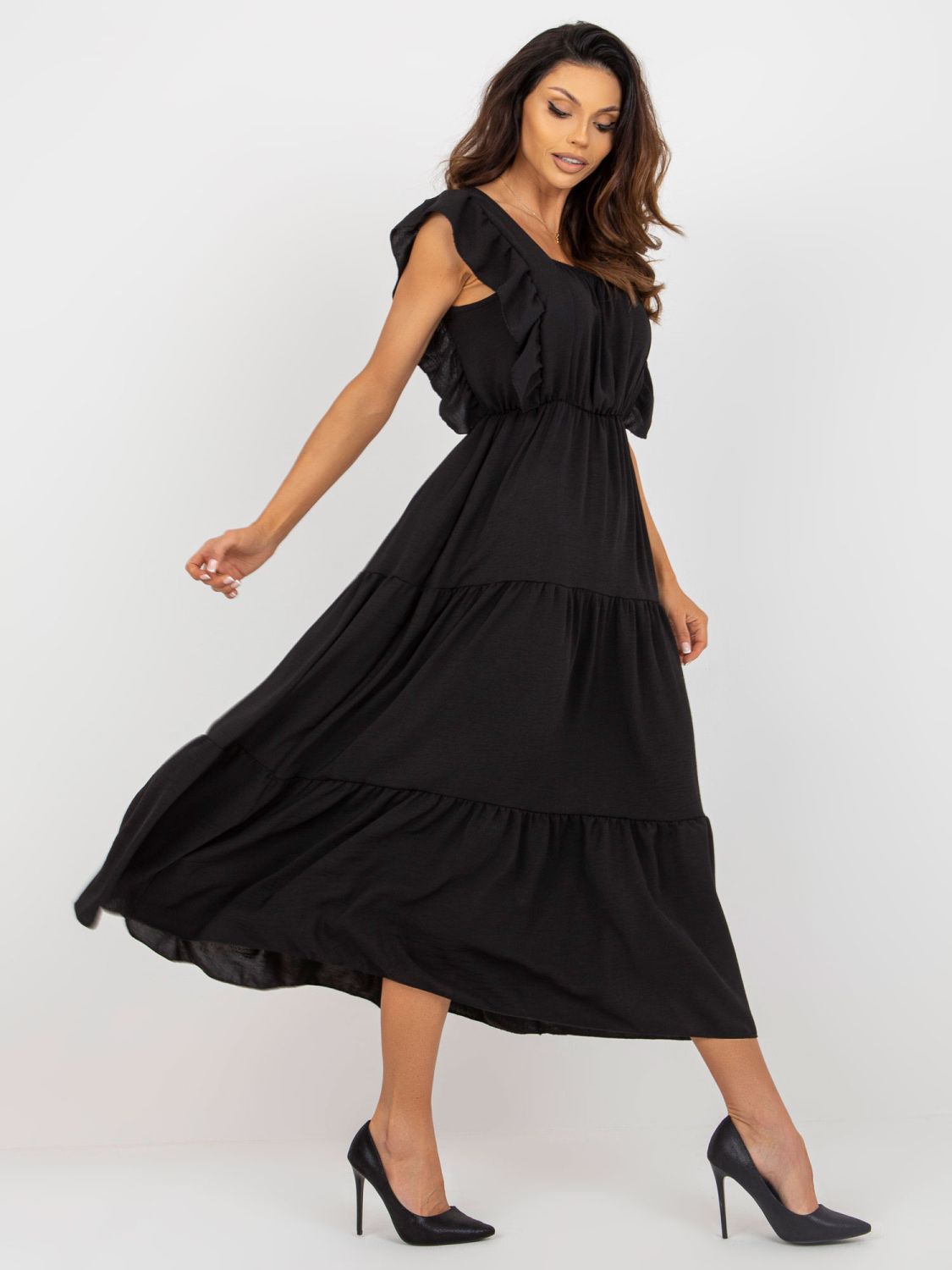 Black Midi Dress with Ruffle and Loose Fit