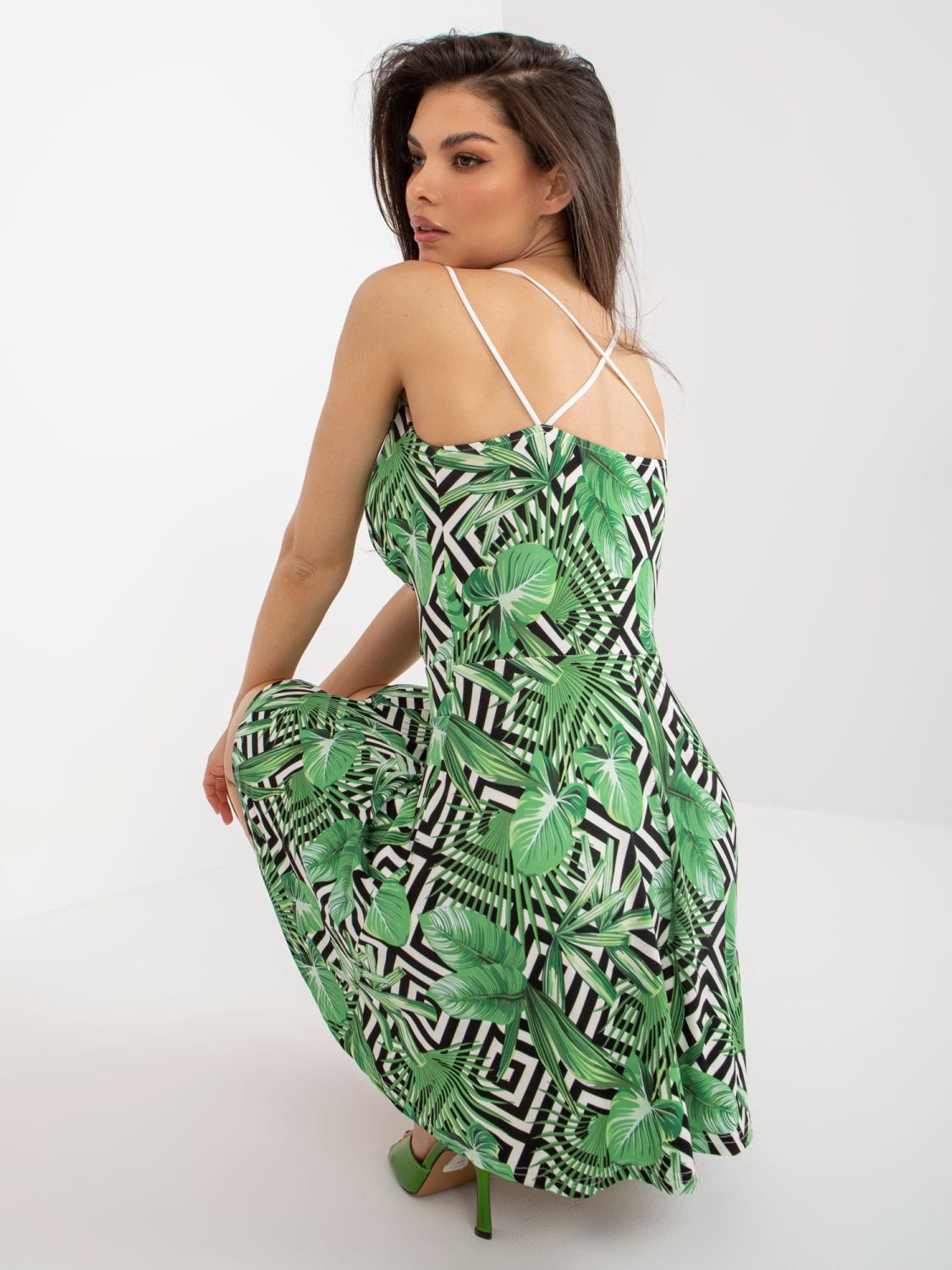 White-Green Flared Dress with Print