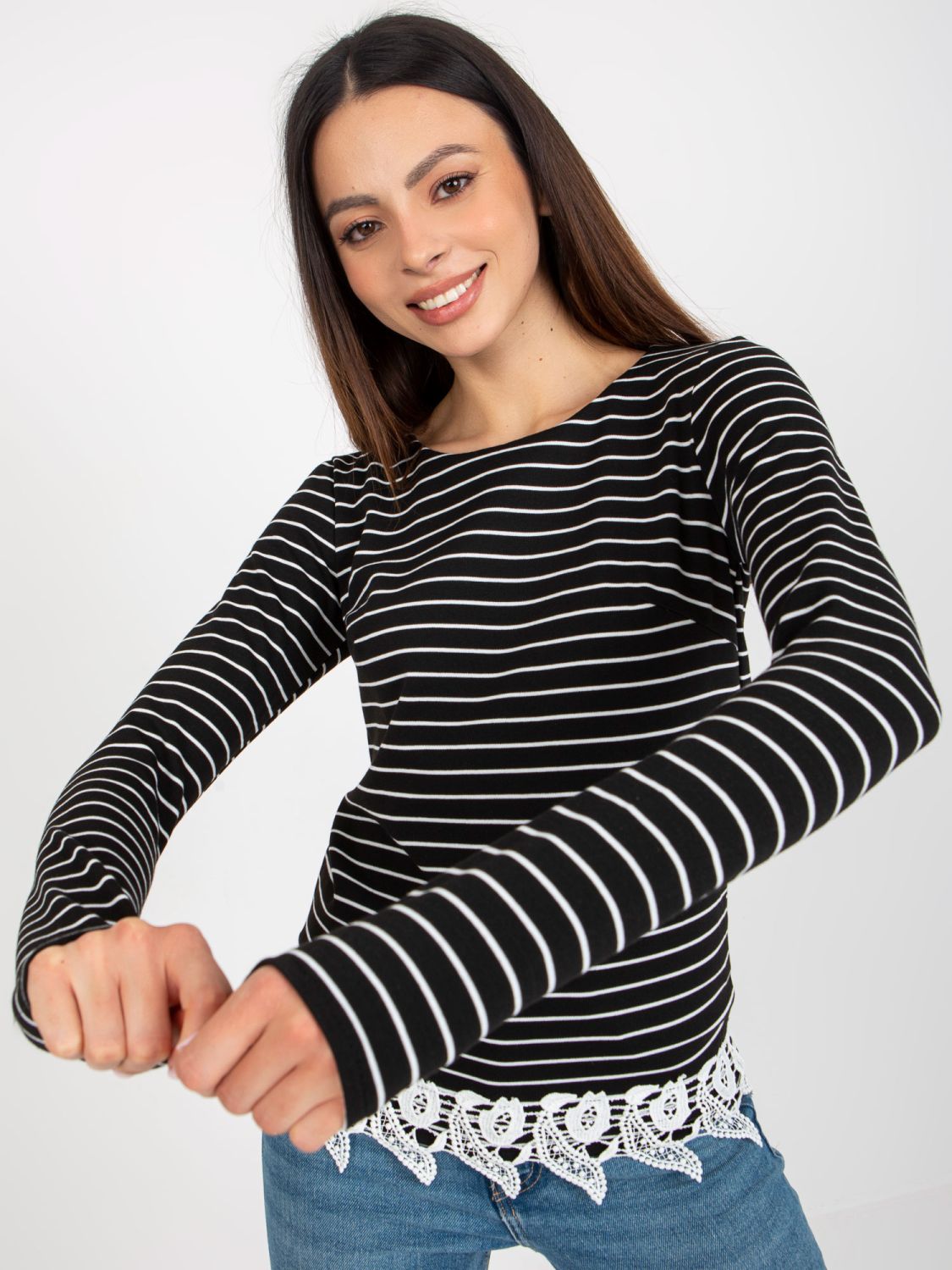 Black Blouse with Stripes and Lace