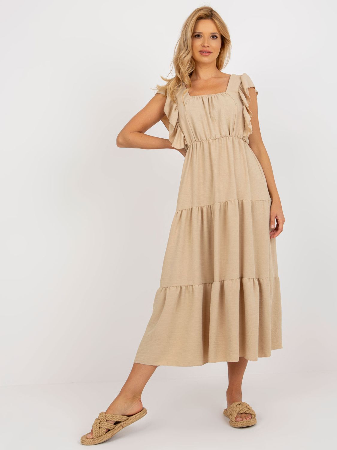 Beige Midi Dress with Ruffle