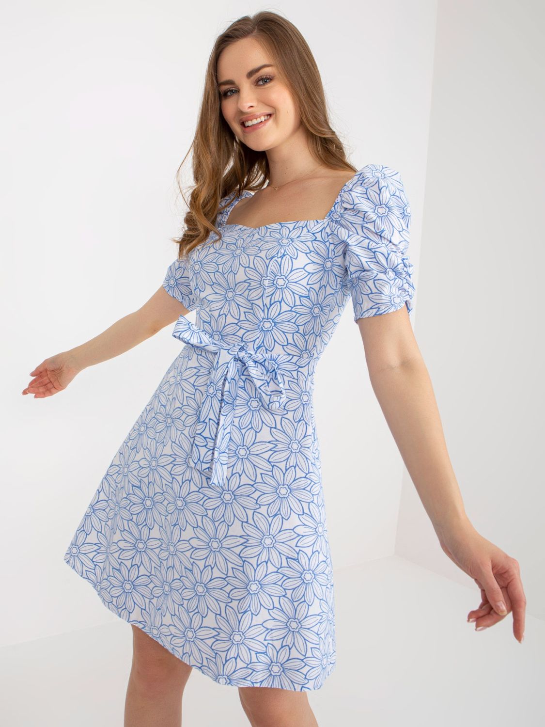White-Blue Summer Dress with Short Sleeves