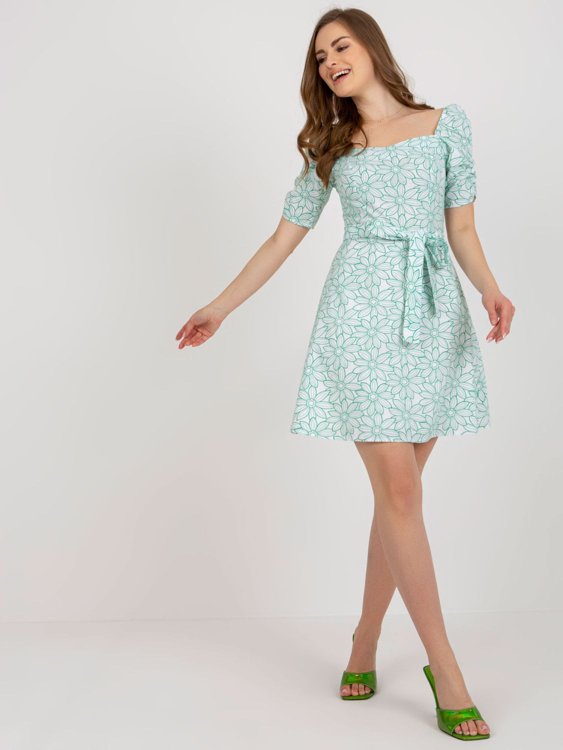 White-Green Dress with Ruffled Sleeve