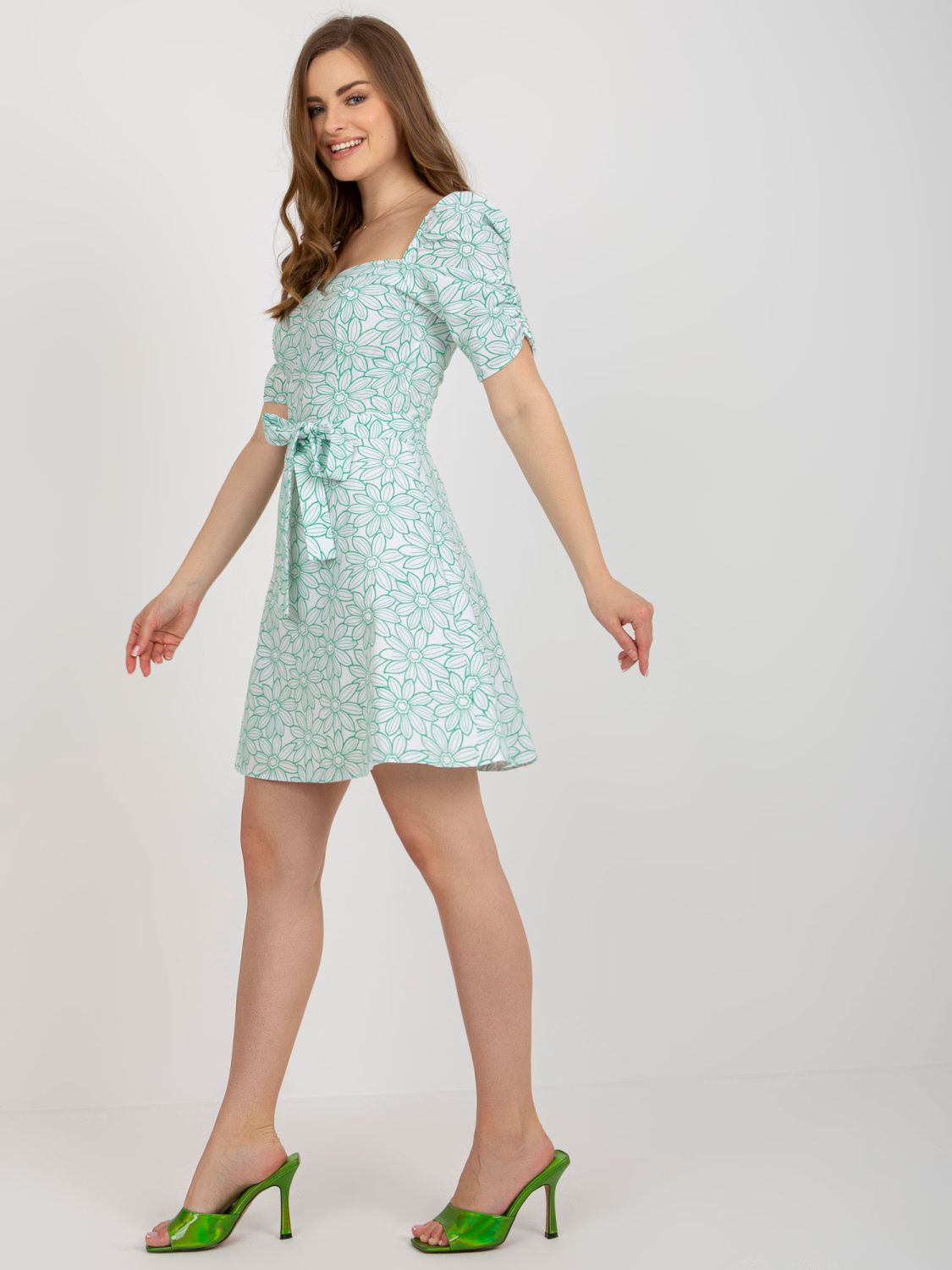 White-Green Dress with Ruffled Sleeve