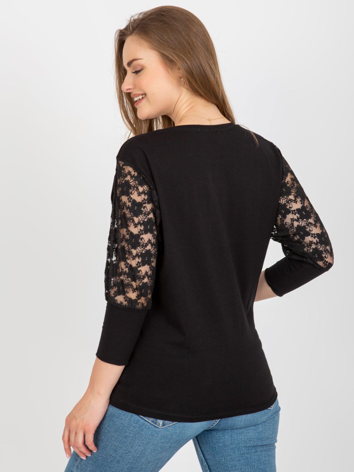 Black Blouse with Lace and 3/4 Sleeves Hawana RUE PARIS