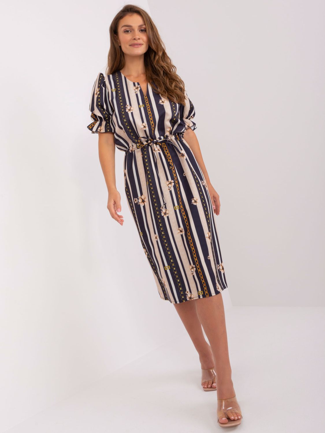 Blue Dress with Print and Puff Sleeves