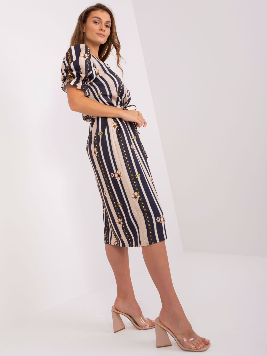 Blue Dress with Print and Puff Sleeves