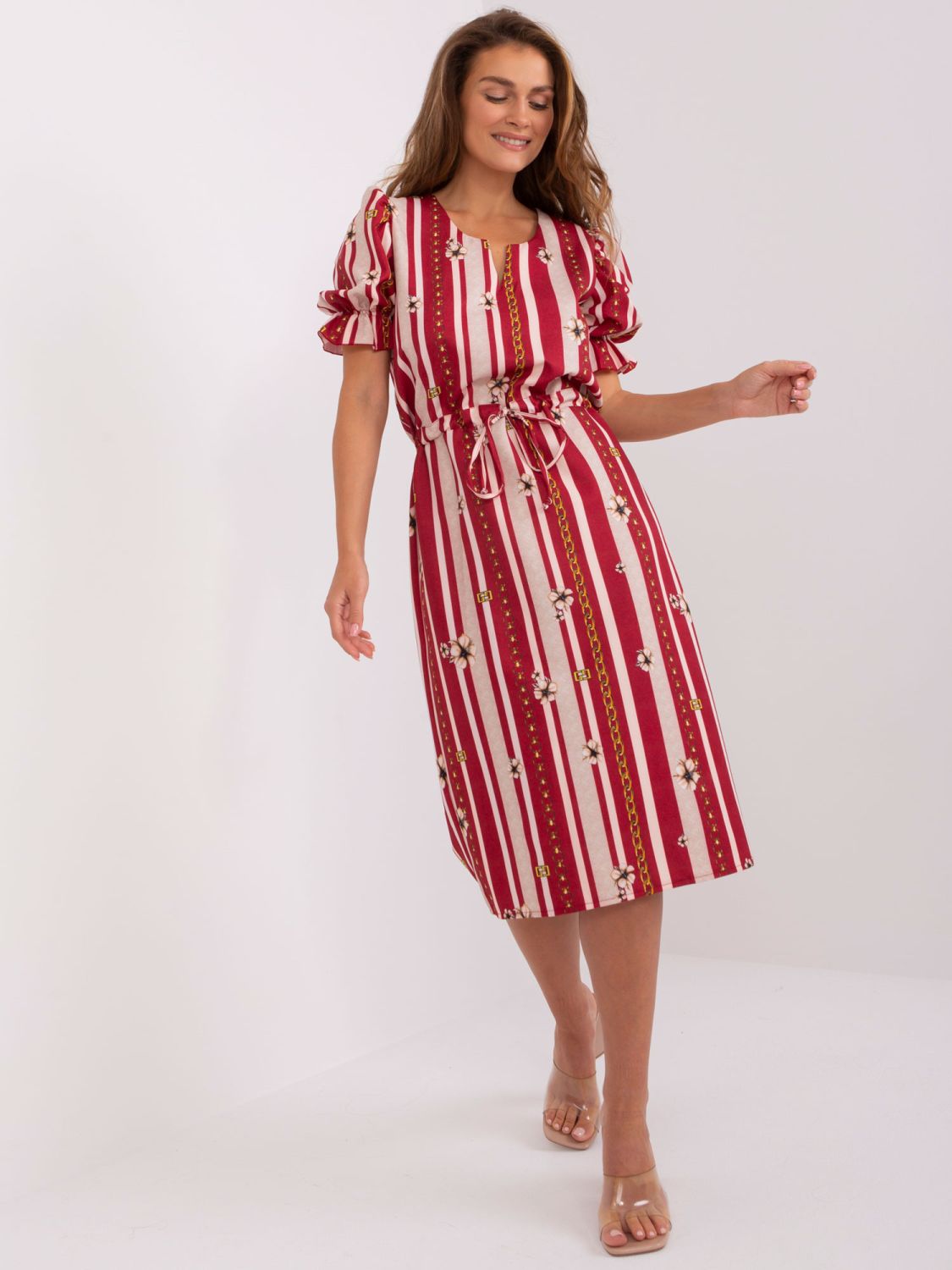 Bordeaux Midi Dress with Print and Drawstring