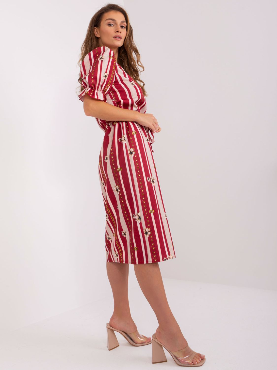 Bordeaux Midi Dress with Print and Drawstring