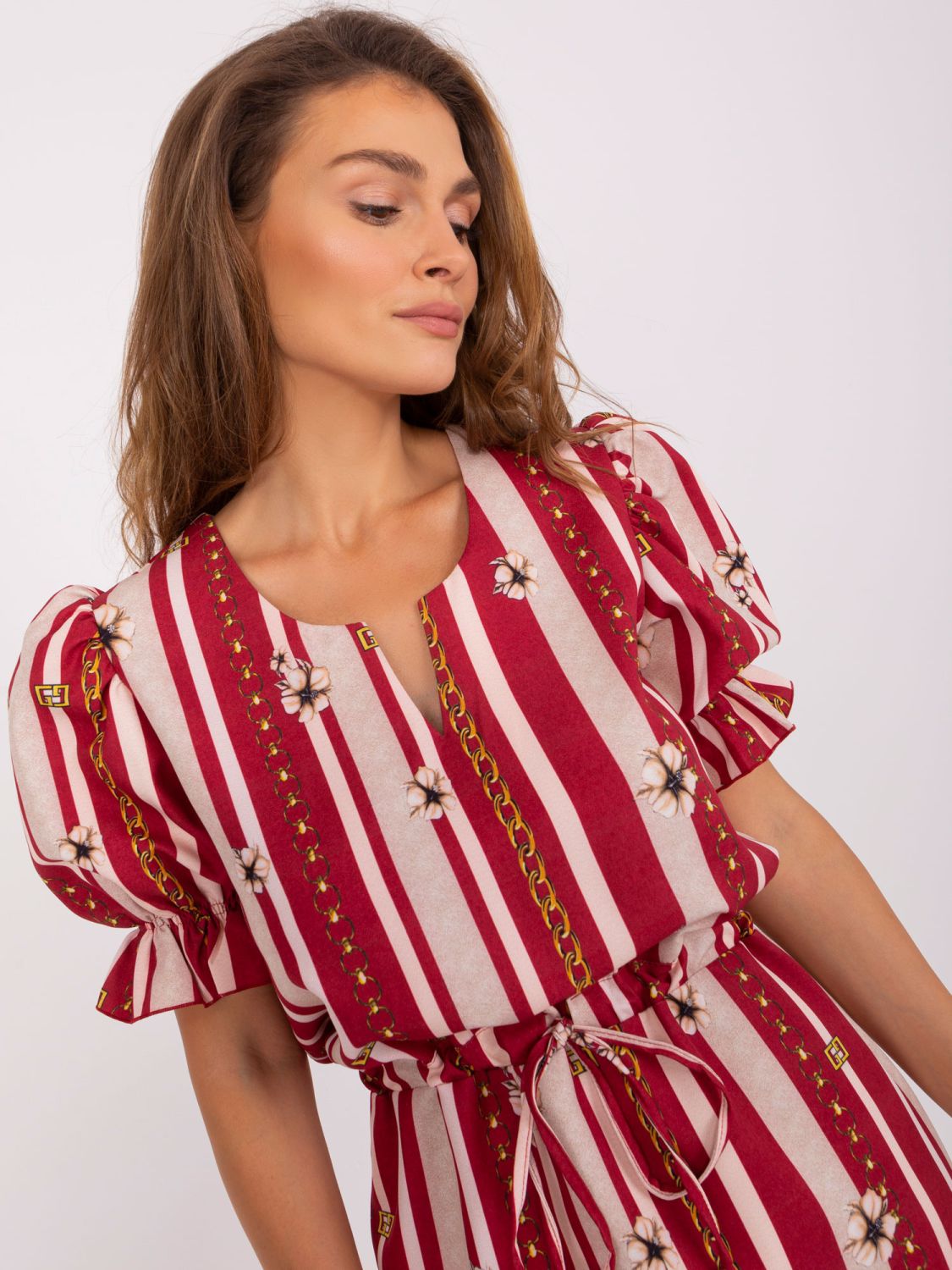 Bordeaux Midi Dress with Print and Drawstring