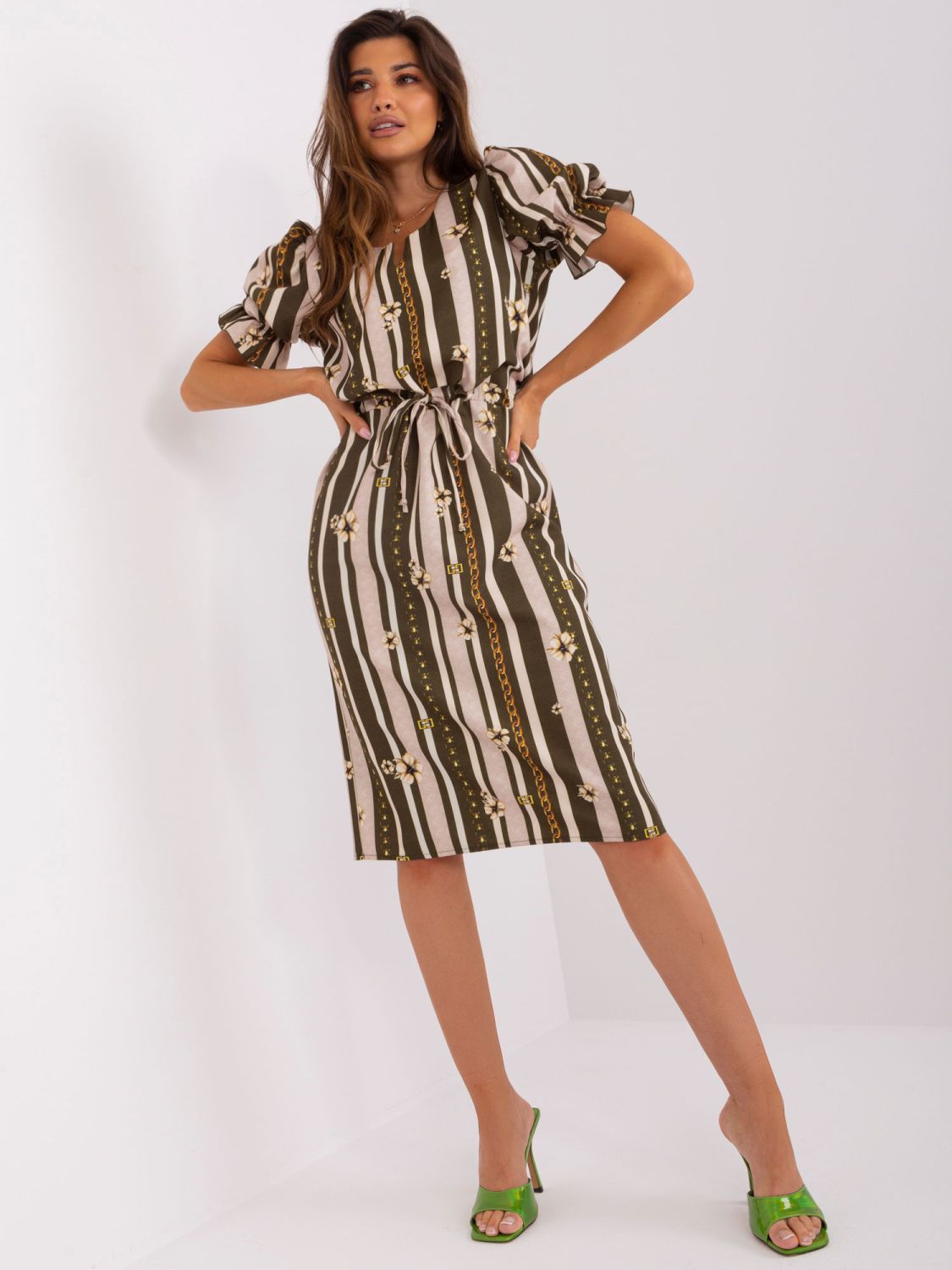 Khaki Midi Dress with Print and Short Sleeves
