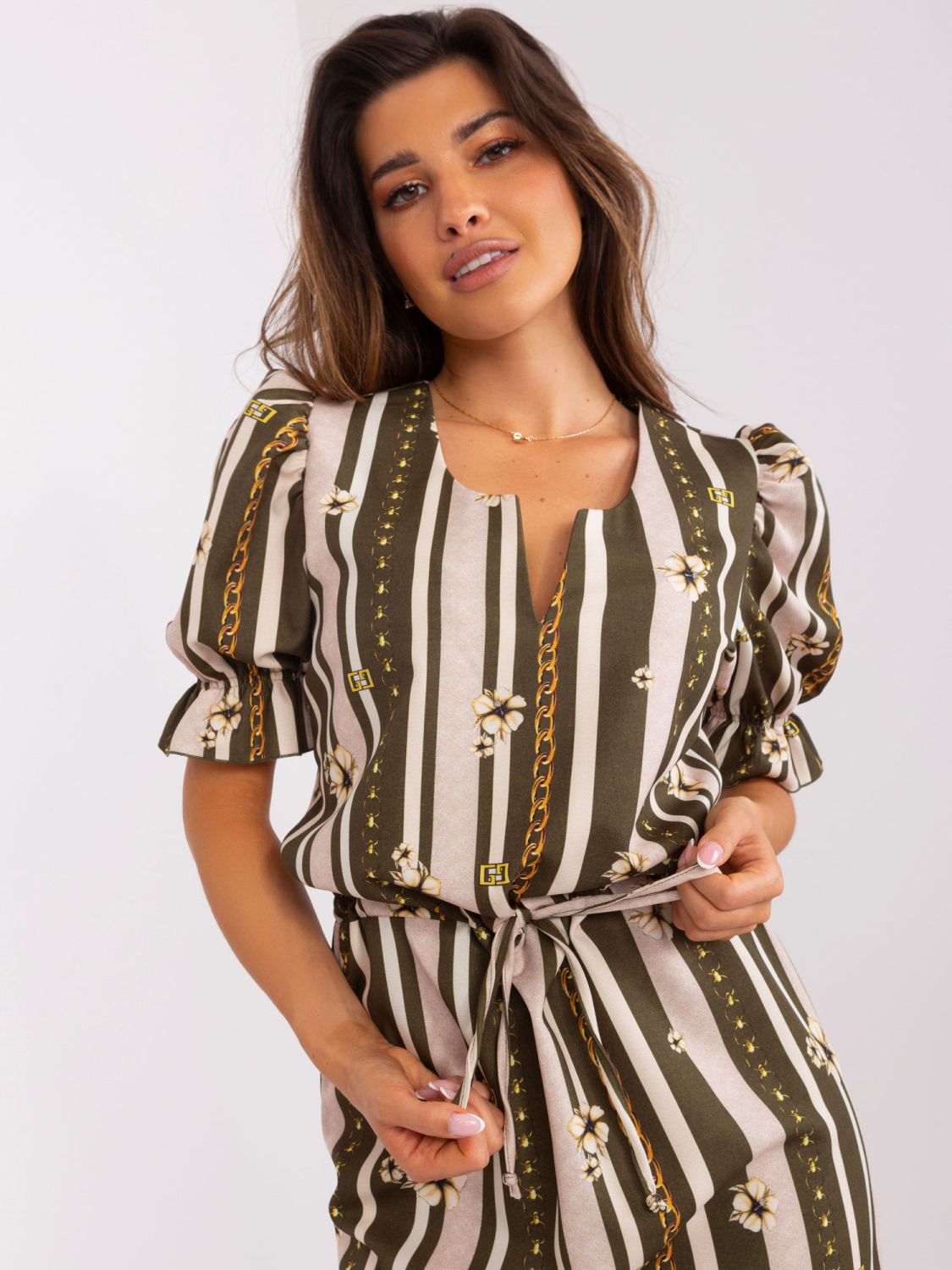 Khaki Midi Dress with Print and Short Sleeves