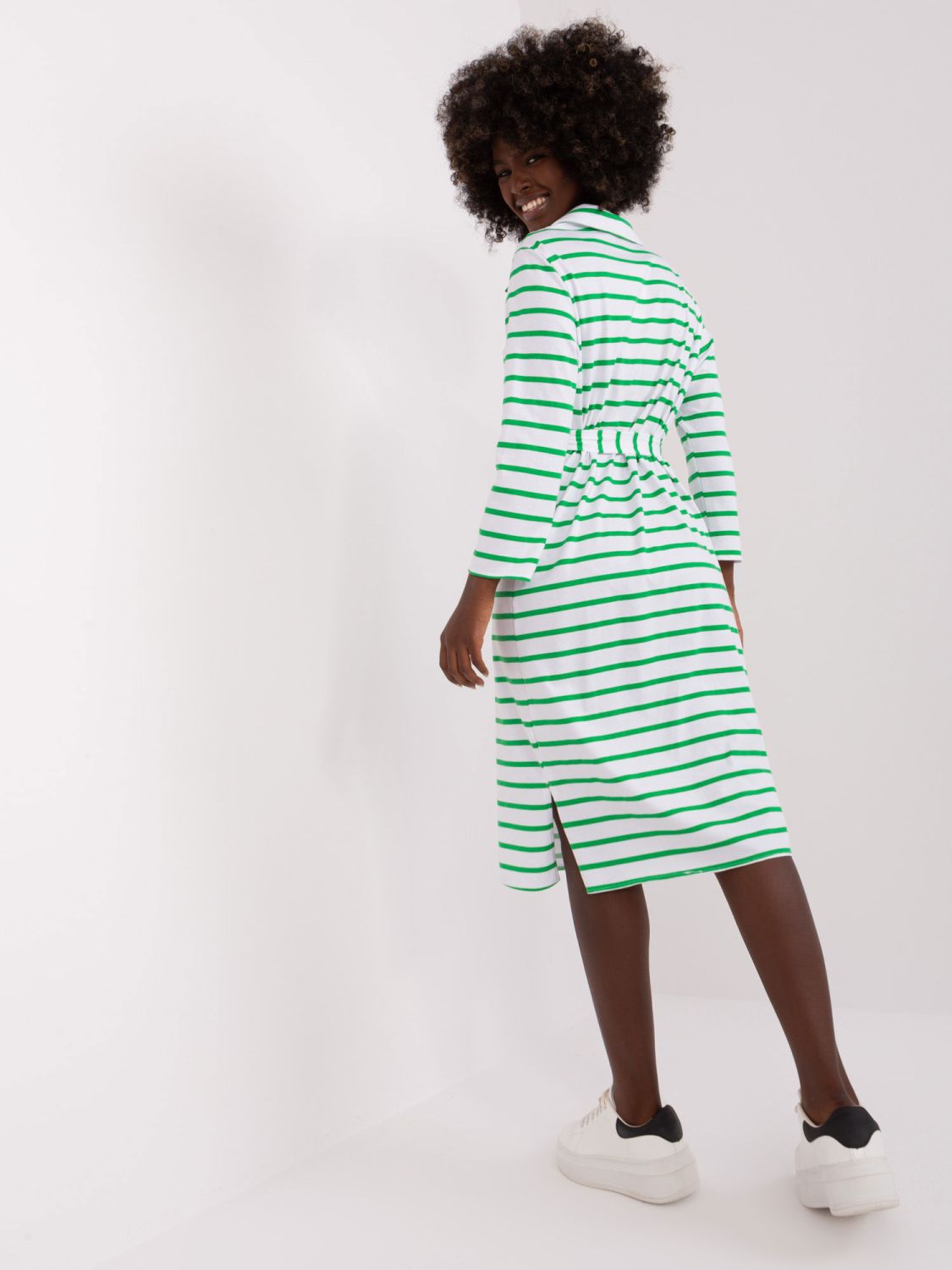 White-Green Simple Dress with Collar