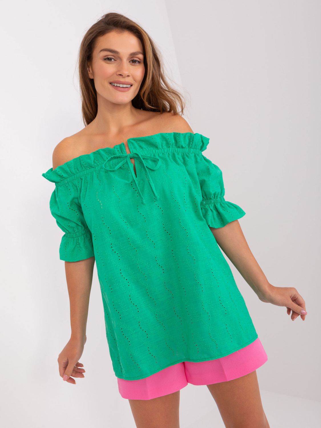 Green Blouse with Short Sleeves and Off-Shoulder Neckline