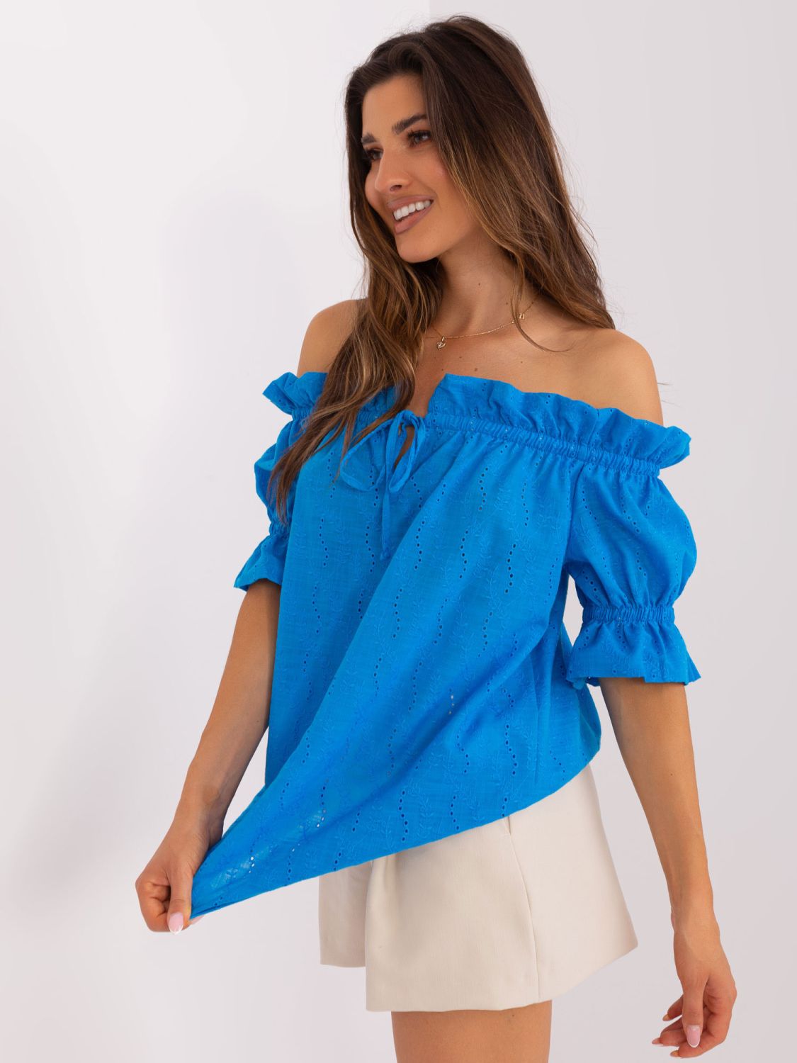 Blue Cotton Blouse with Off-Shoulder Design