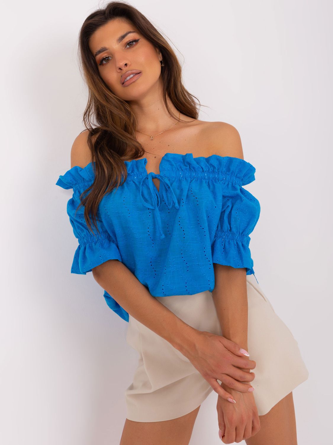 Blue Cotton Blouse with Off-Shoulder Design