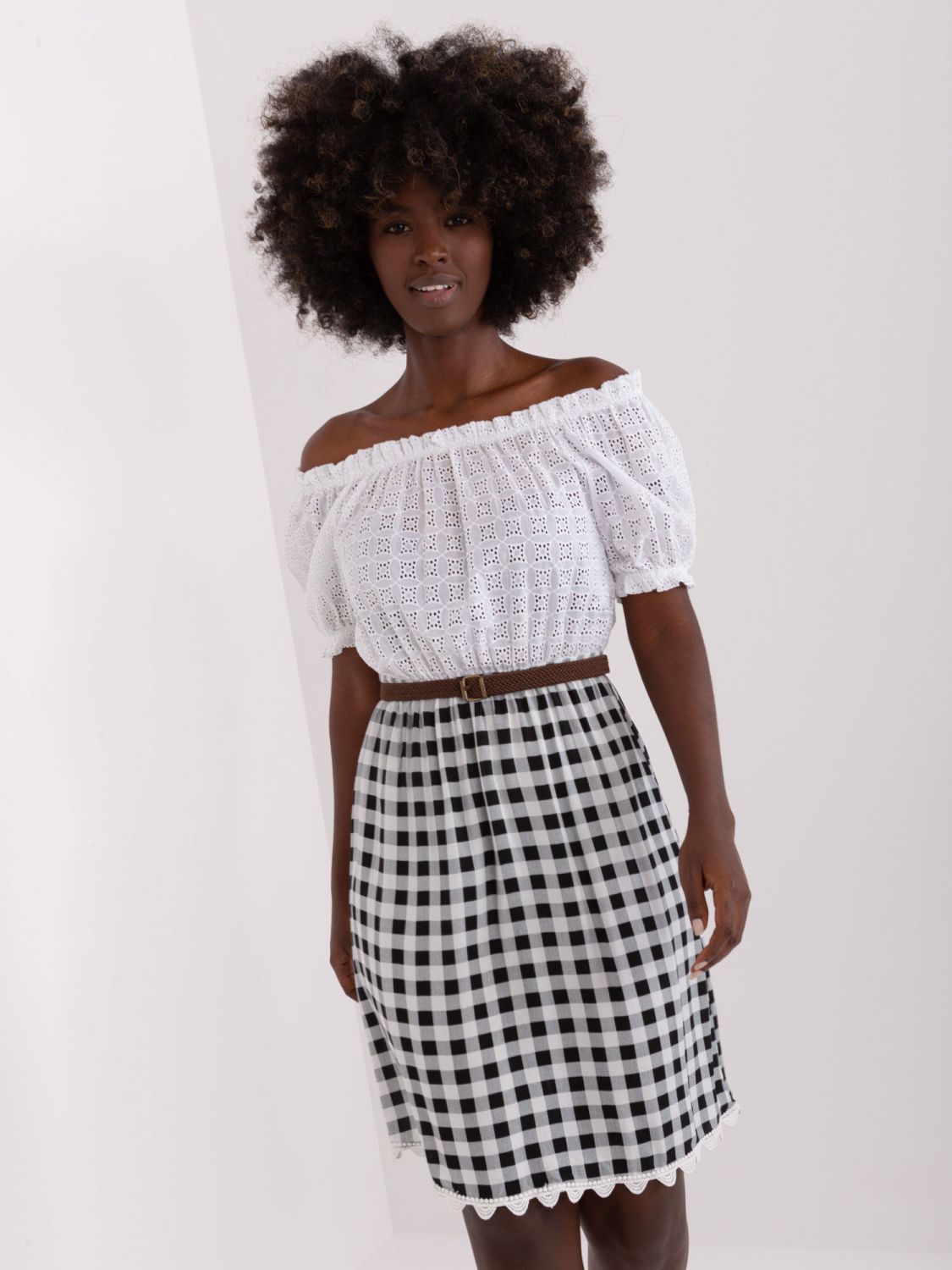 Ecru-Black Off-Shoulder Dress with Belt