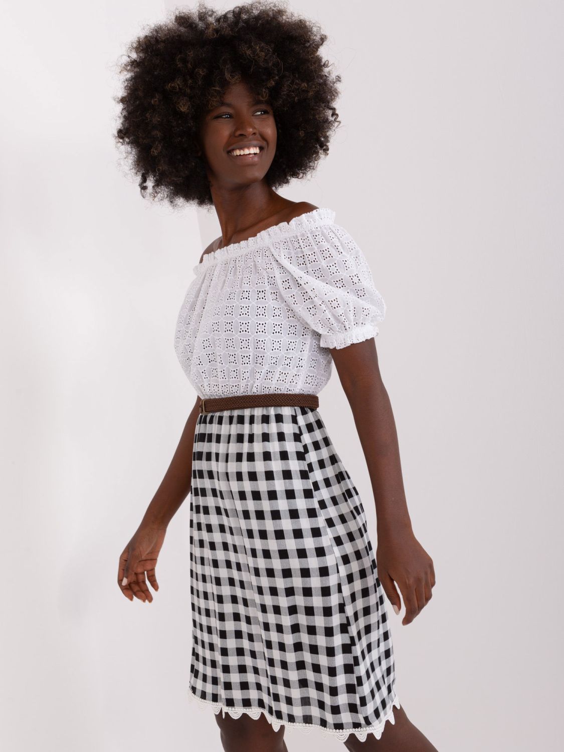 Ecru-Black Off-Shoulder Dress with Belt