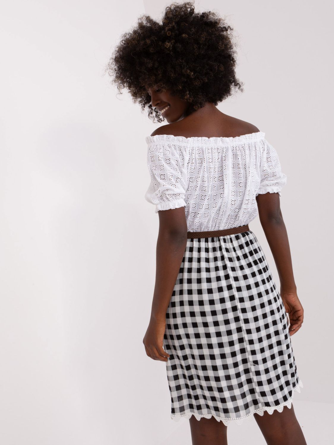 Ecru-Black Off-Shoulder Dress with Belt