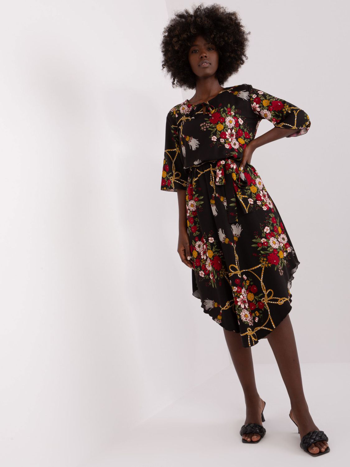 Black Midi Dress with Floral Print and 3/4 Sleeves