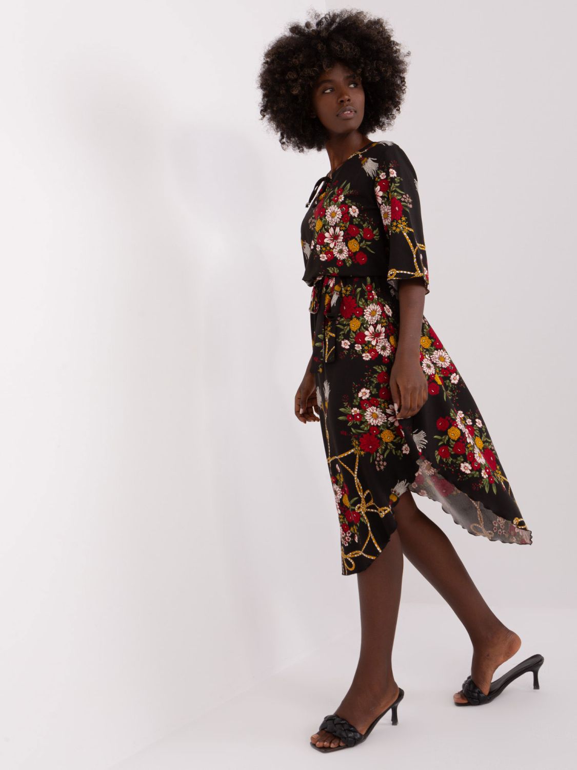 Black Midi Dress with Floral Print and 3/4 Sleeves
