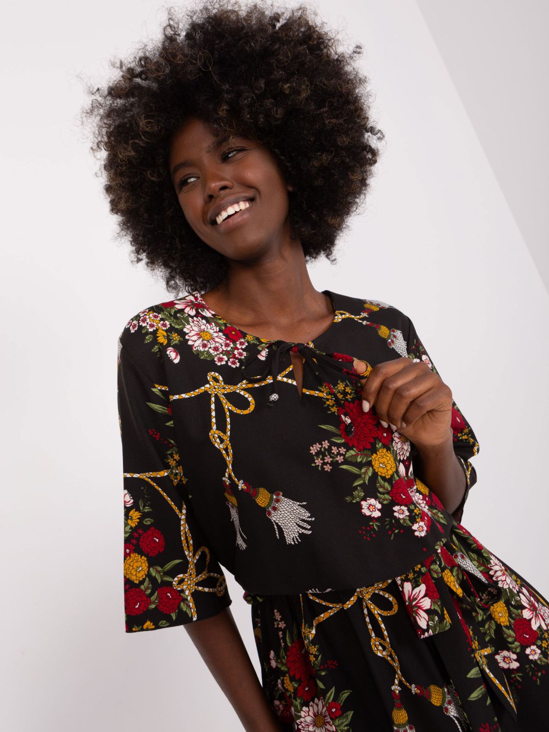Black Midi Dress with Floral Print and 3/4 Sleeves