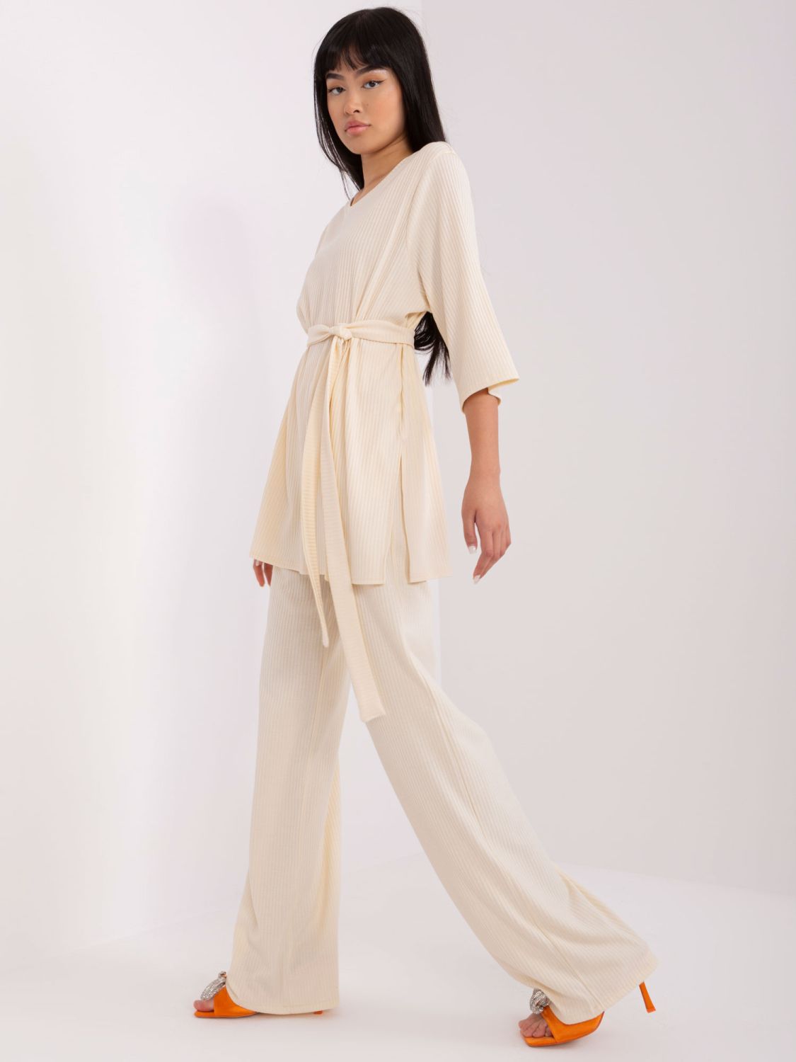 Light Beige Casual Set with Stripes