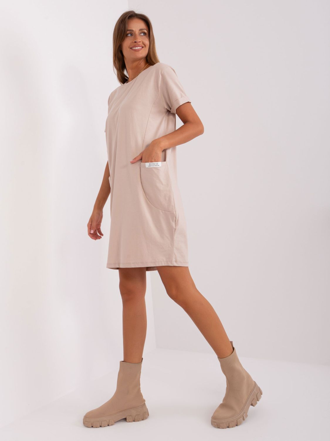 Beige Basic Dress with Short Sleeves