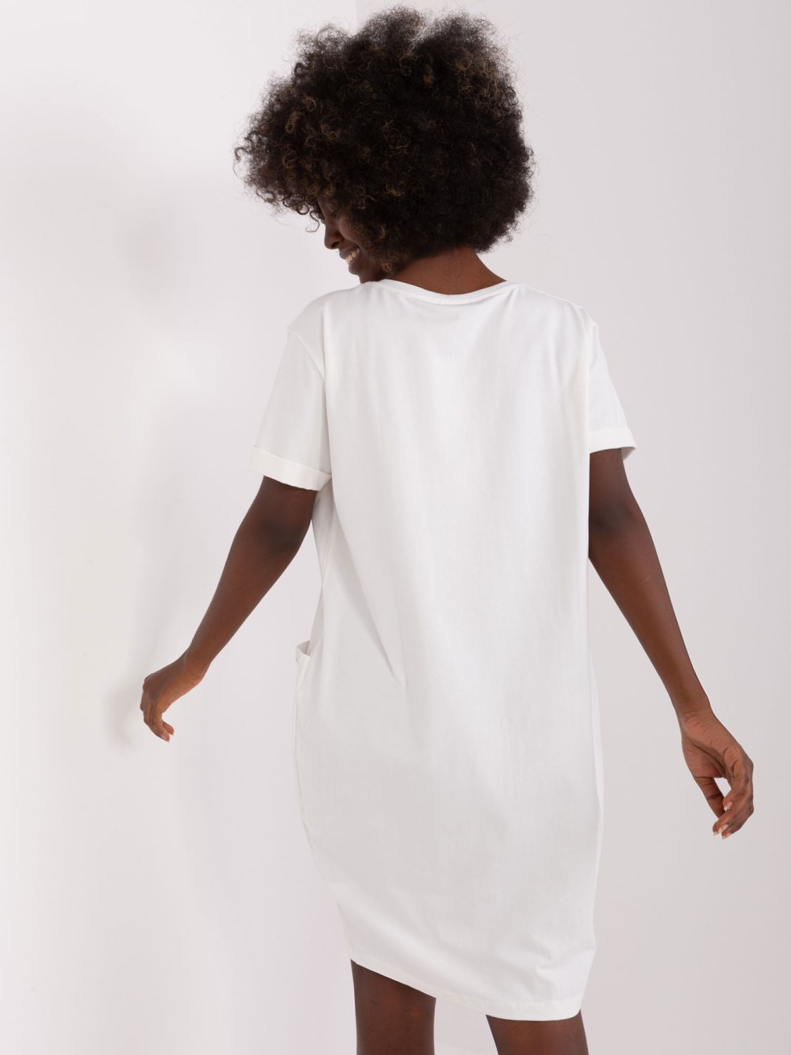 Ecru Cotton Basic Dress Knee-Length