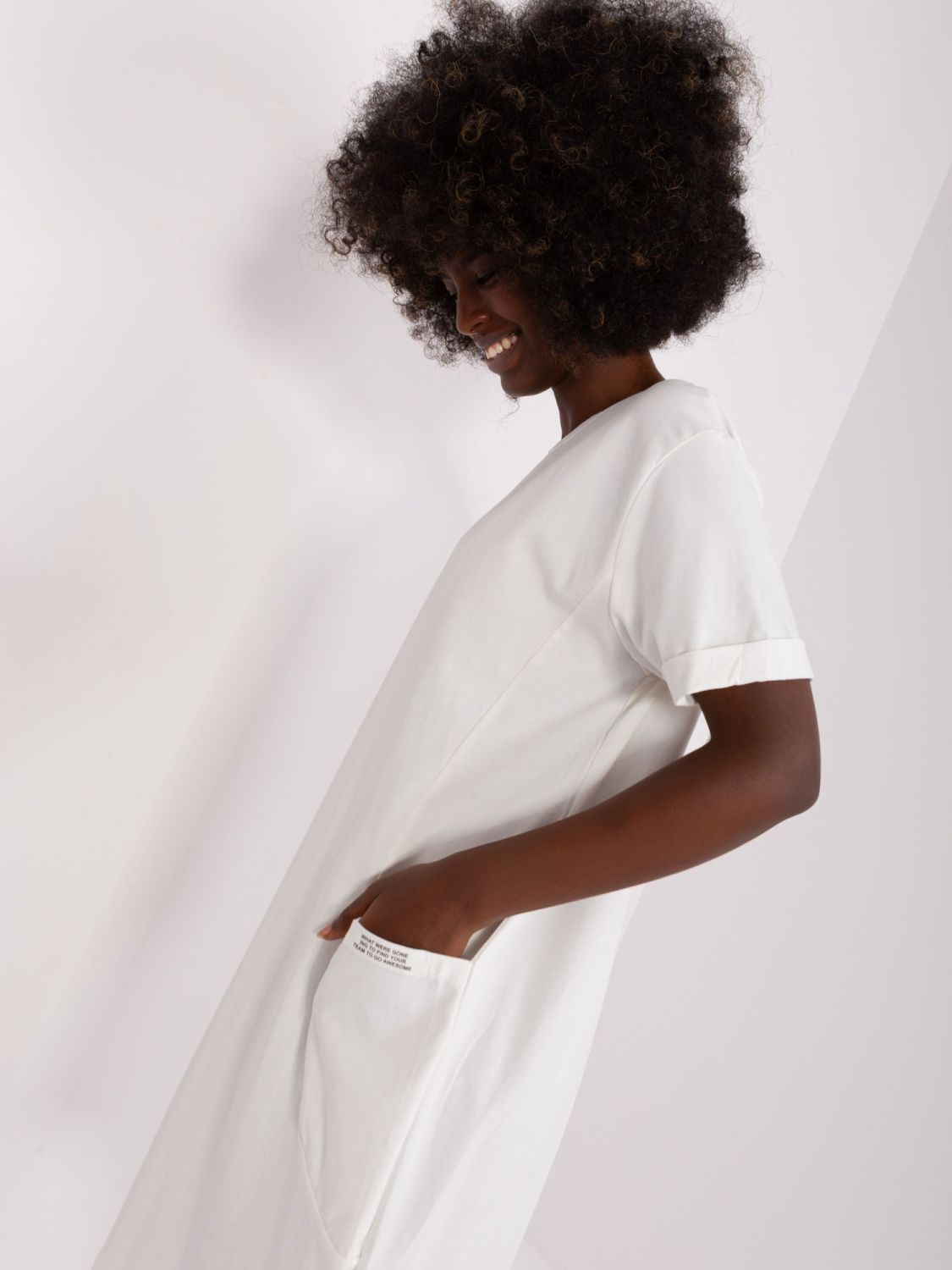 Ecru Cotton Basic Dress Knee-Length