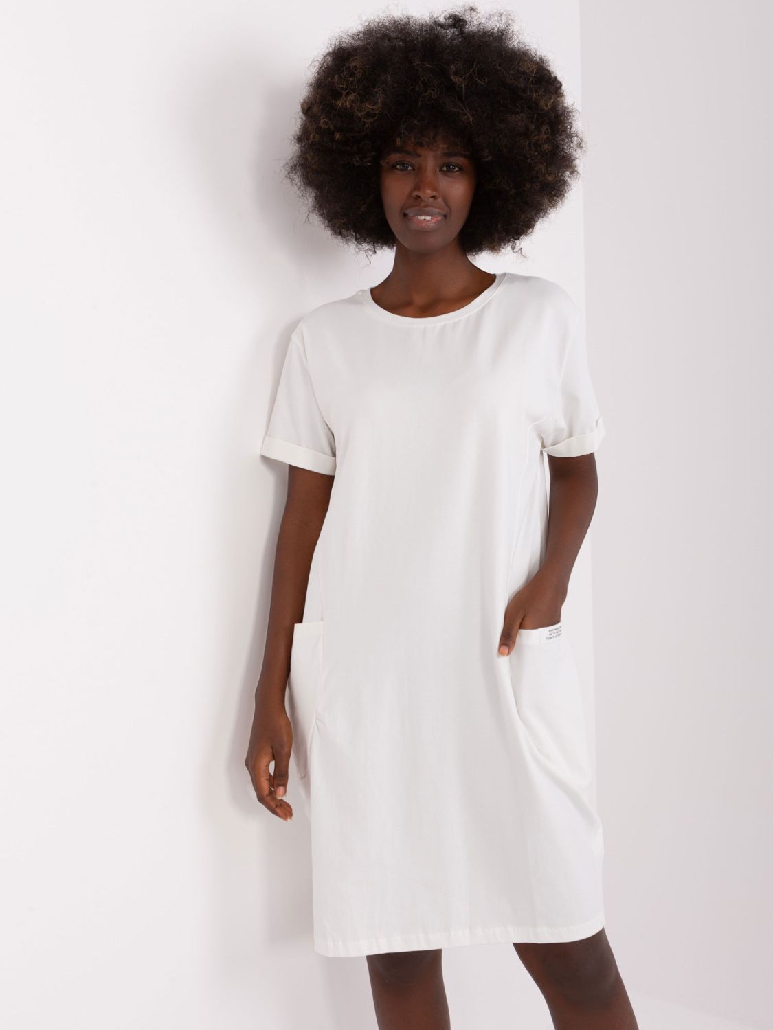 Ecru Cotton Basic Dress Knee-Length