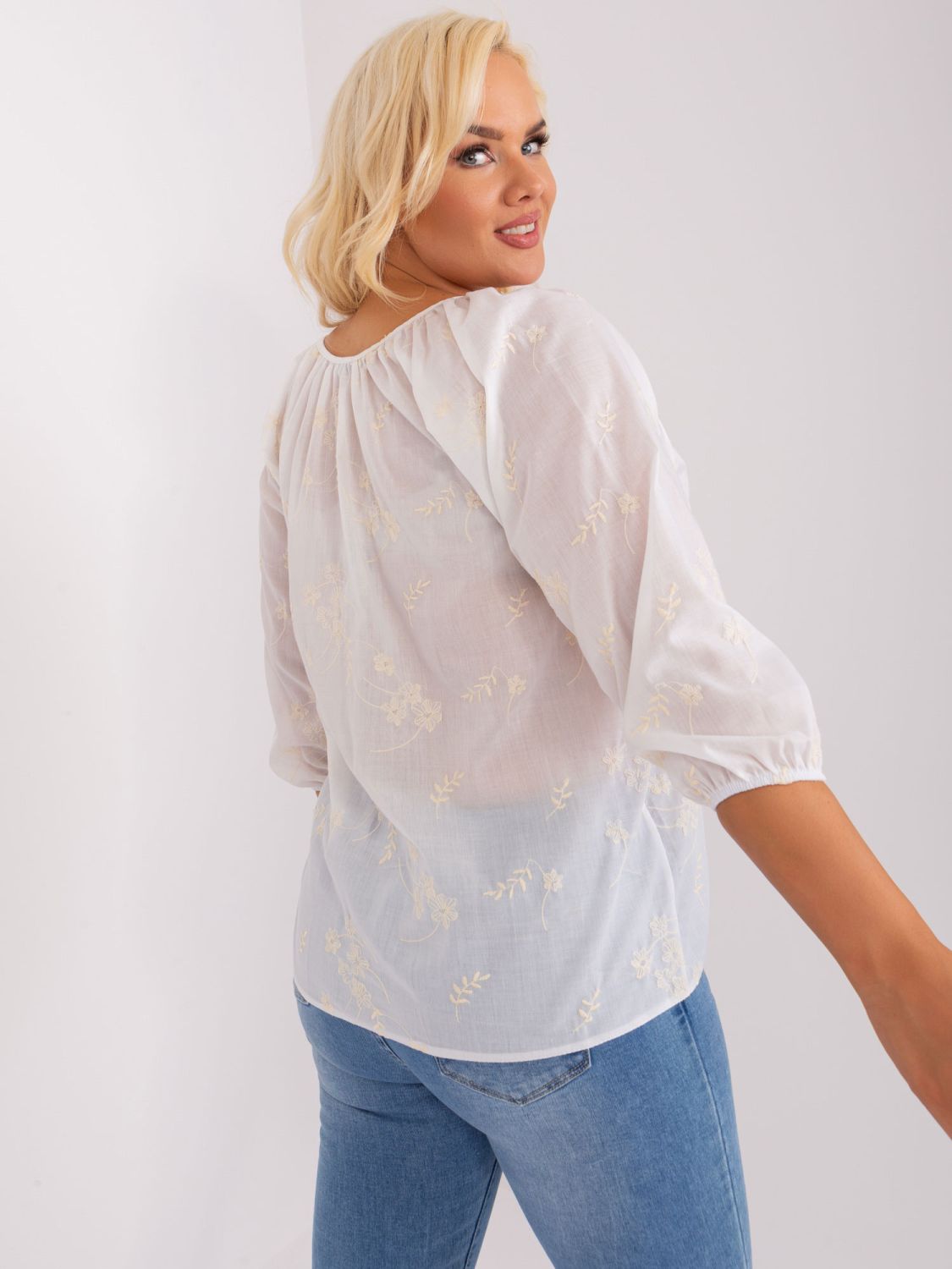 White-Light Beige Plus Size Embroidered Blouse