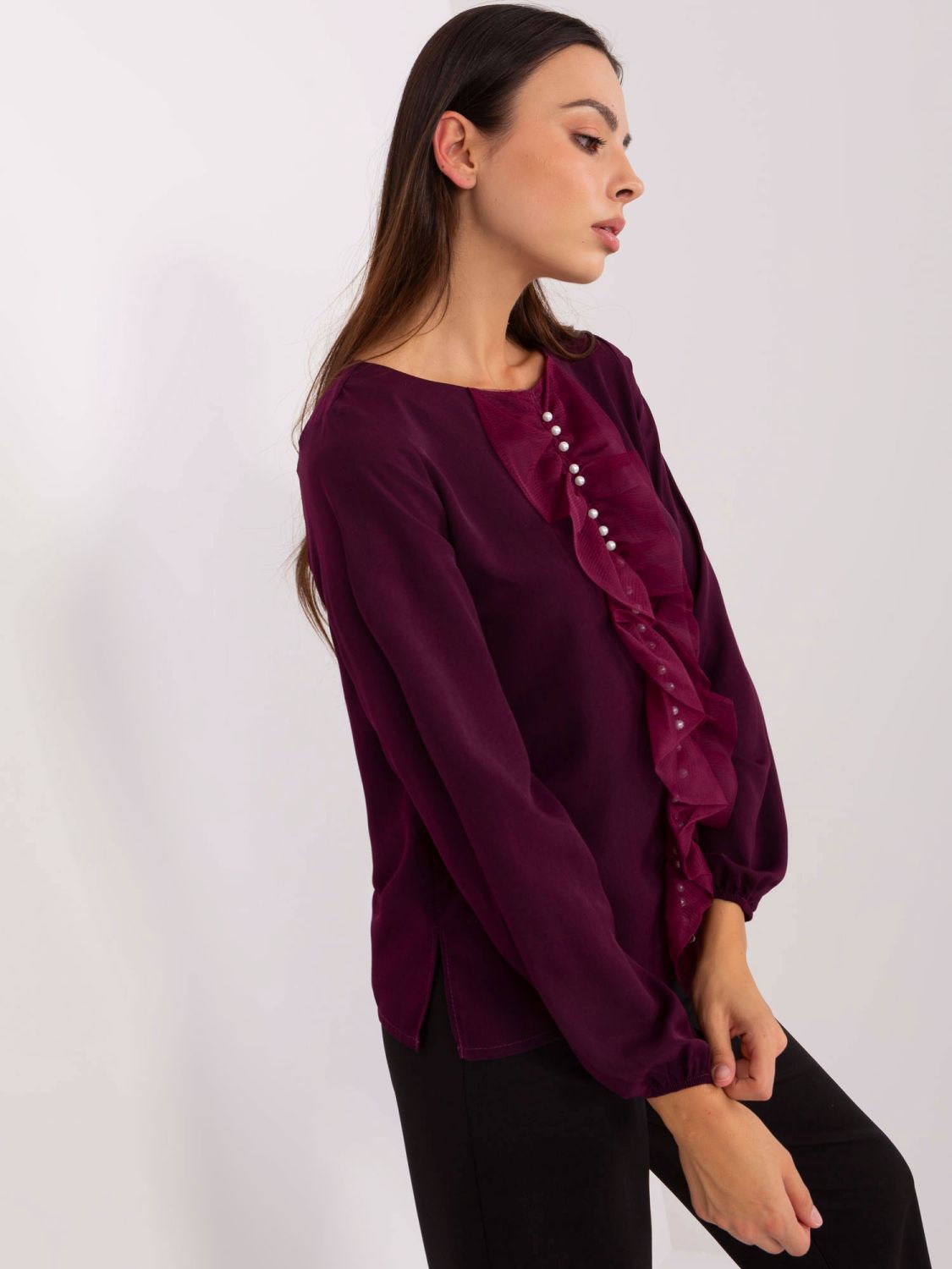 Elegant Dark Purple Blouse with Pearls