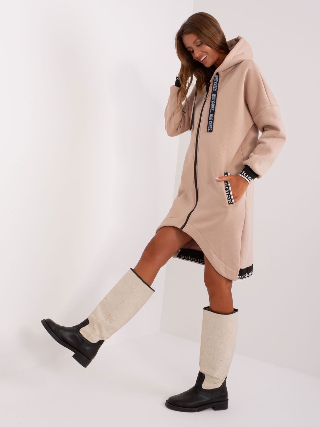 Beige Long Zip-Up Hoodie with Pockets