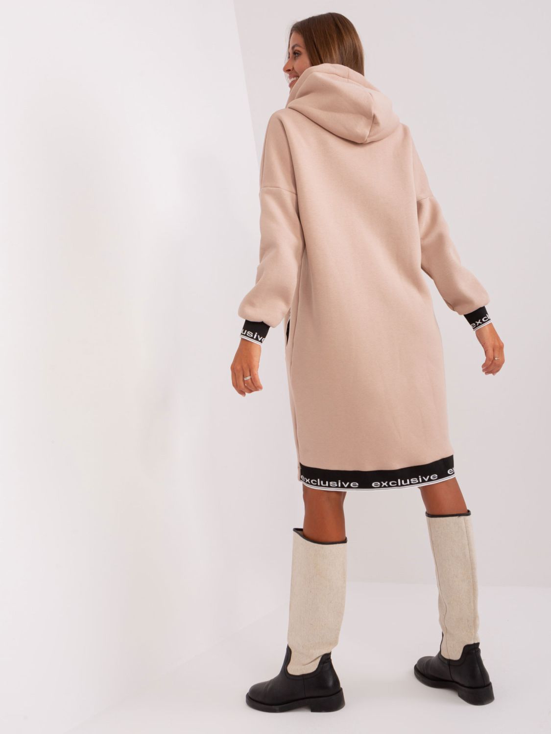 Beige Long Zip-Up Hoodie with Pockets